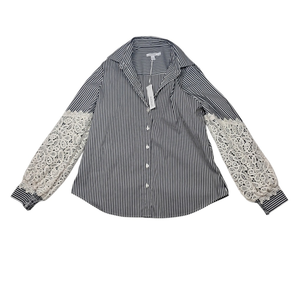 NWT Chico's Shirt Women's 1 Medium Black Poplin Stripe Crochet Striped Button Up